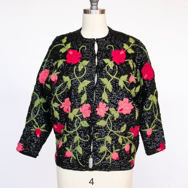 1960s Cardigan Floral Sequin Hand Embellished Wool Knit Sweater S 