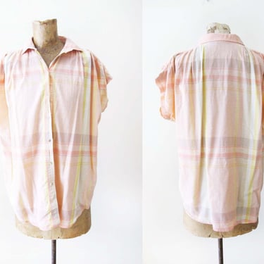 Vintage Plaid Camp Blouse S M - 80s Liz Claiborne Pink Peach Pastel  Madras Plaid Cotton Button Up Top - Relaxed Fit Casual 