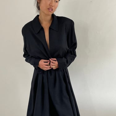 90s silk shirt dress / vintage black silk zip front collared oversized Henley tent swing dress | Extra Large 