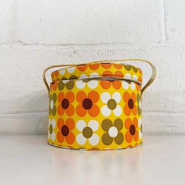 Vintage Round Zippered Carrying Case Flower Power Handle Plastic Box Vinyl White Yellow Orange Floral Purse Bag Luggage Travel 1960s 1970s 