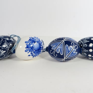 Vintage Blue Calico Chinoiserie Egg - Blue Calico Egg Wood Stand 