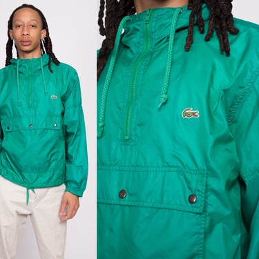 80s Izod Lacoste Hooded Pullover Windbreaker - Men's Medium  | Vintage Green Anorak Half Zip Lightweight Jacket 