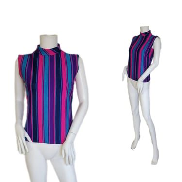 Koret of California 1960's Purple Striped Sleeveless Top I Blouse I Shirt I Sz Med 