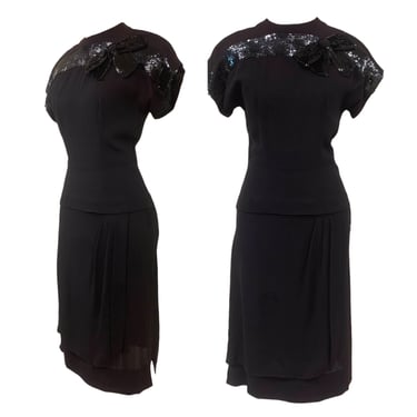 Vtg Vintage 1940s 40s Two Piece Bombshell Rockabilly Black Sequin Bow Skirt Set 