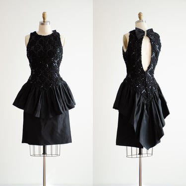 black peplum dress 80s vintage sequin keyhole back short party mini dress 