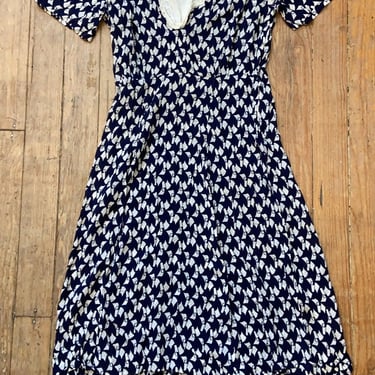 Vintage 30s rayon navy blue printed dress small medium by TimeBa