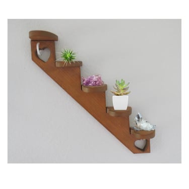 Vintage Wood Staircase Shelf Heart Cut Outs Wall Display Decor Curio Trinket Plants Crystals Stairs Holder 