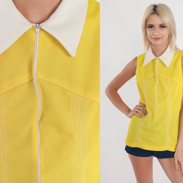 70s Shirt Bright Yellow Sleeveless Blouse Zip Up Shirt Dagger Collar Tank Top Mod Shirt Space Age Polyester 1970s White Retro Vintage Small 