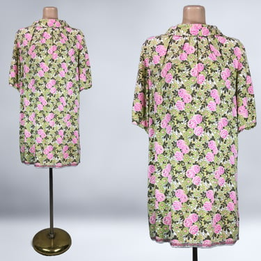 VINTAGE 60s Pink and Green Floral Mod Mini Shift Dress with Balloon sleeves | 1960s Colorful Art Print Tent Dress | VFG 
