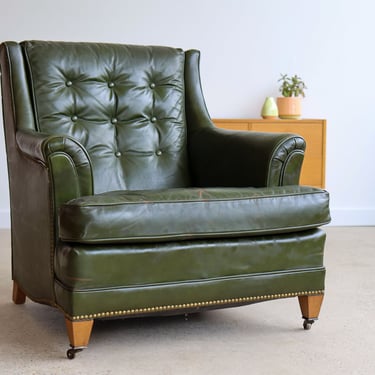 Green Leather Mid Century Modern Accent Chair 