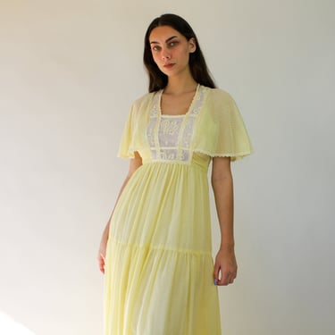 Vintage 70s Angelic Fairy Cape Sleeve Pale Yellow and Lace Prairie Dress | Western, Wedding, Bridal Dress | 1970s Designer Boho Dress 