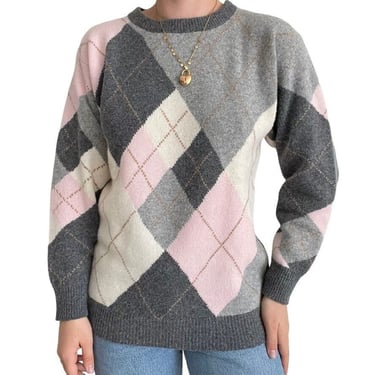 Vintage 80s Womens JH Collectibles Pink Gray Argyle Preppy Angora Sweater Sz S 