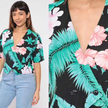 Tropical Crop Top 90s Black Floral Blouse Double Breasted Button up Cropped Shirt Hibiscus Flower Leaf Print Hawaiian Vintage 1990s Medium M 