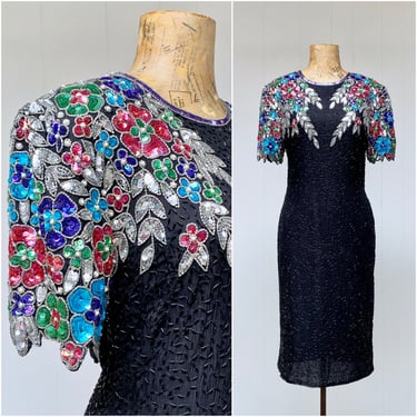 Vintage 1980s Black Silk Party Dress w/Floral Sequins & Beading, Sténay Special Occasion Keyhole Back Sheath, Medium 38
