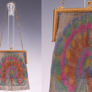 Vintage 1920's Whiting & Davis Dresden Peacock Handbag • 20's Designer Deco Painted Mesh Purse 