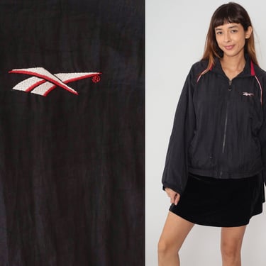 Reebok Windbreaker 90s Black Zip Up Jacket Retro Shell Track Jacket Streetwear Warmup Sportswear Athletic Oversized Vintage 1990s Medium M 