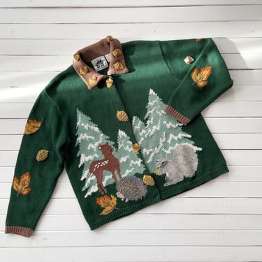 cute cottagecore sweater | 90s y2k vintage Storybook Knits green deer porcupine squirrel hand knit novelty streetwear aesthetic cardigan 