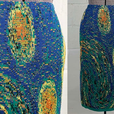 Vintage Abstract Sweater Knit Skirt Outer Space Starry Night Pattern Blue Green Yellow Boho Mod Pencil Medium 1980s 