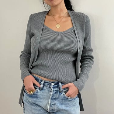 90s cotton twin sweater set / vintage gray ribbed knit cotton camisole + V neck cardigan matching 2 piece twin set | Medium Large 