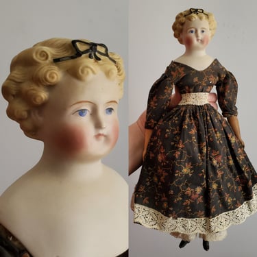 Antique China Head Lowbrow Doll in Blonde with Exposed Ears and PaintedBow - Antique German Dolls - Collectible Dolls 14.5