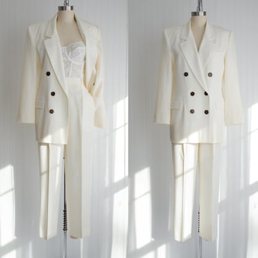 cream wool suit 80s vintage JH Collectible white double breasted gabardine pantsuit 