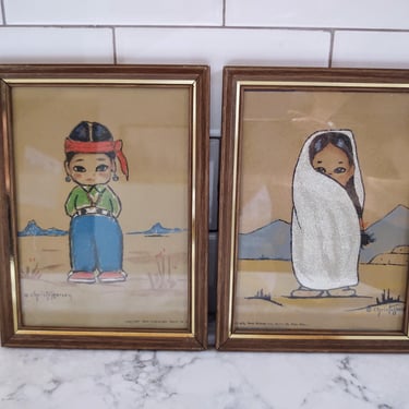 Two Vintage Papoose Paintings Framed Pastel on Paper by Gerda Christoffersen (1917 - 2012) 8 x 6 