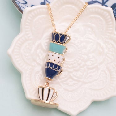 Mad Hatter Blue Teacup Stack Gold Necklace