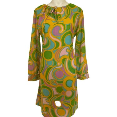 60s Vintage dress, yellow space age dress, geometric print vintage 60s mini dress, groovy disco dress size small s 