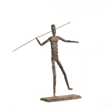 Brutalist Mid Century Man Throwing Spear Steel Sculpture - mcm 