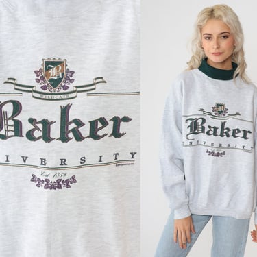 Baker University Sweatshirt 90s Baldwin City Kansas Wildcats Shirt College Crewneck Heather Grey Mock Neck Pullover Vintage 1990s Large L 