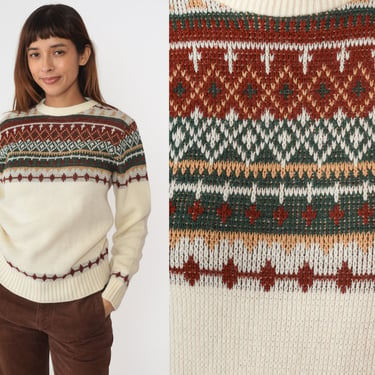 Fair Isle Sweater 80s Cream Nordic Print Sweater Slouchy Knit Bohemian Sweater 1980s Ski Boho Pullover Jumper Green Rust Small 