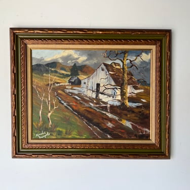 70's Rosalie Dampolo Impressionist - Style Barn Landscape Oil Painting 