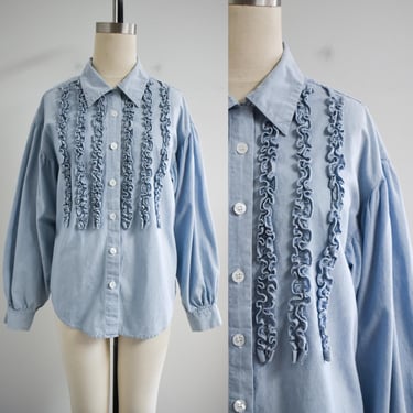 1990s Ruffled Chambray Blouse 