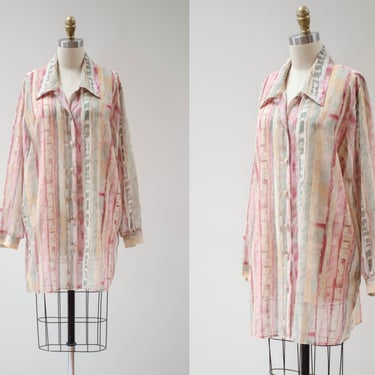 sheer chiffon tunic | 80s 90s plus size vintage pastel striped avant garde long vintage blouse 