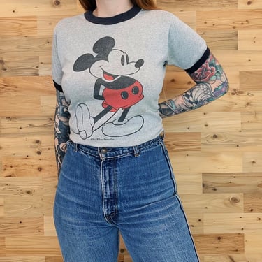 80's Disney Mickey Mouse Soft Thin Retro Ringer Tee Shirt T-Shirt 