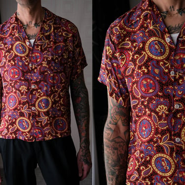 Vintage 50s Gentry Rayon Folk Art Floral Paisley Vibrant Print Short Sleeve Loop Collar Shirt | Size Medium | 1950s Hawaiian Style Shirt 