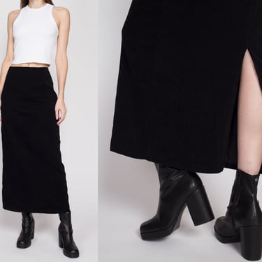 Sm-Med 90s Minimalist Black Ultrasuede Maxi Skirt | Vintage High Waisted Ankle Length Grunge Skirt 