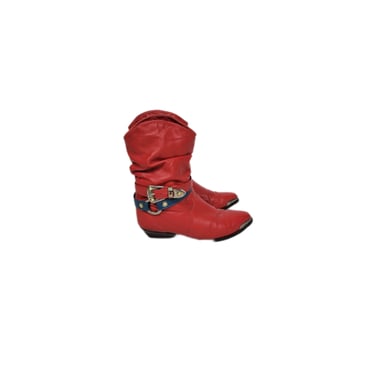 Zodiac 1980's Red Leather Slouchy Short Buckle Cowboy Boots I Sz 7.5 