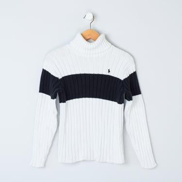 Vintage 90s Polo Ralph Lauren Bar-Knit Turtleneck Sweater - black & white, nineties, all-cotton knit -Women's M 