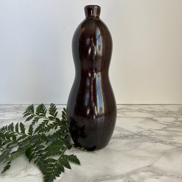 Japanese Pottery Vase - Vintage Asian Black Pottery Hourglass Shape 