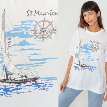 St Maarten Shirt 90s Caribbean Island T-Shirt Sailboat Graphic Tee Netherlands Antilles Single Stitch White Vintage 1990s Extra Large xl 