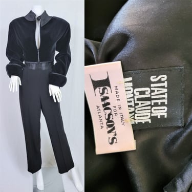 State of Claude Montana 1990's Black Raon Crepe Velvet 2 pc Pantsuit I Sz Sm I Bolero Jacket I Tuxedo Pants 