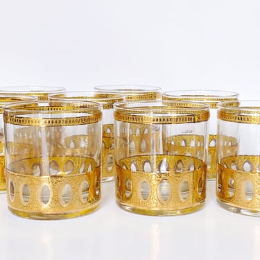 Whiskey glasses by Culver glassware for bourbon on the rocks & old fashioned cocktails, Gold Antigua glasses, Mid century barware gift 