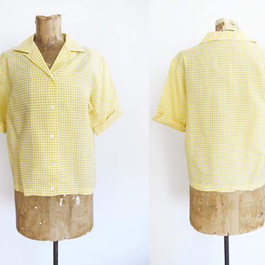 Vintage 50s Yellow Gingham Plaid Womens Blouse S M  - 1950s Short Sleeve Collared Button Up Top 