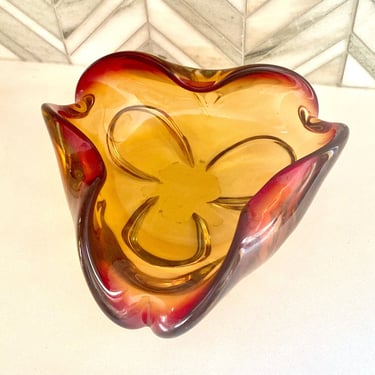 Vintage Murano Glass Amber and Red Bowl, Triangle 