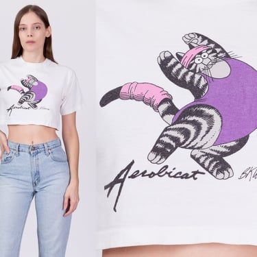 90s Kliban Cat "Aerobicat" Crop Top - Small | Vintage Crazy Shirts Cartoon Animal Graphic Cropped Tee 