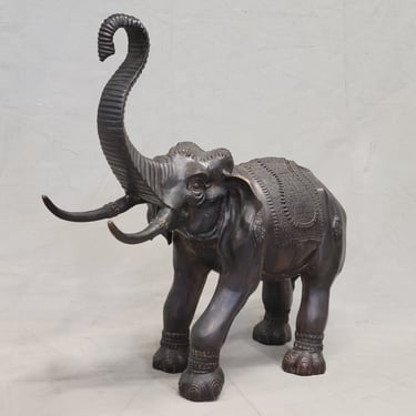 Vintage Large Patinated Brass or Bronze Asian Elephant Signed &quot;La Puce&quot;