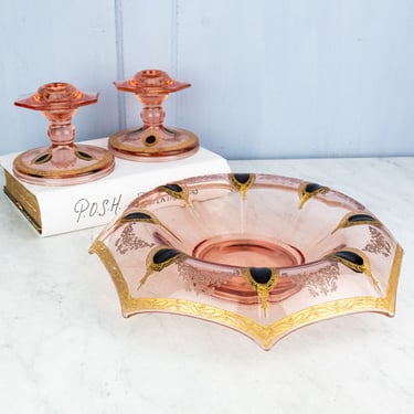 Vintage Pink Depression Glass Console Set