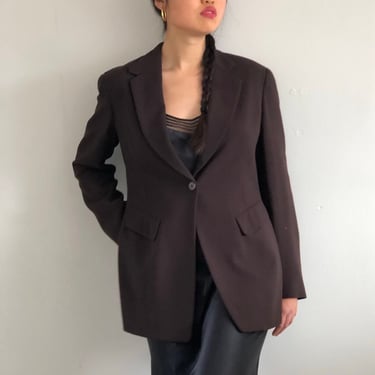 90s wool blazer / vintage Donna Karan dark brown wool single button elegant designer long tuxedo blazer USA | Medium 