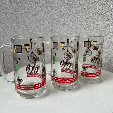Vintage mid century glass beer mug BBQ theme by Hazel Atlas set of 3 mugs 